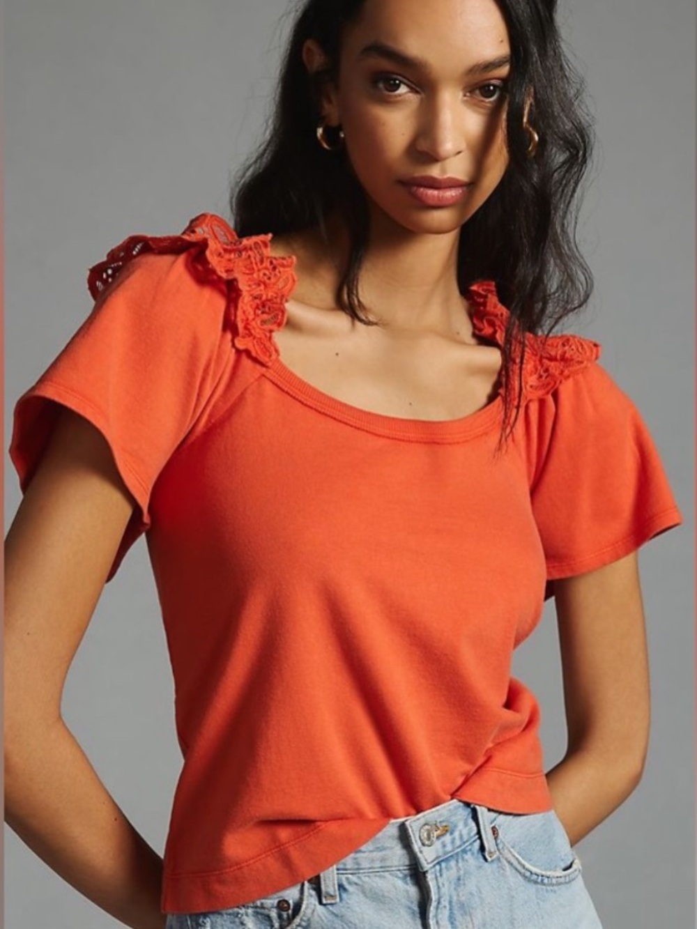 Anthropologie Pilcro Orange Eyelet Lace Ruffle Top Boho Cottagecore Medium